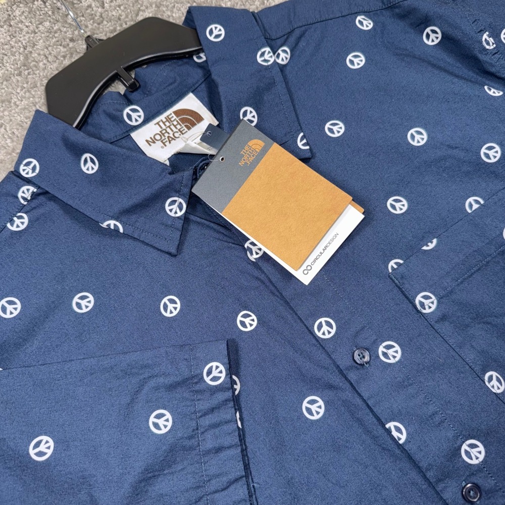 The North Face Button Up Shirt Mens Peace Sign Pattern Navy Blue XXL NEW